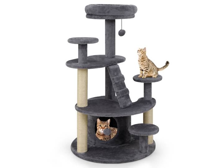 Petit poteau à gratter pour chat, poteau à gratter en bois pour chat avec grotte, balle, échelle, plates-formes et poteaux à gratter
