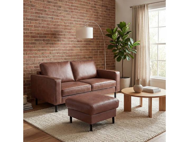 Polsterhocker 70 x 48 x 60cm Braun Echtleder Arelia: Muskat