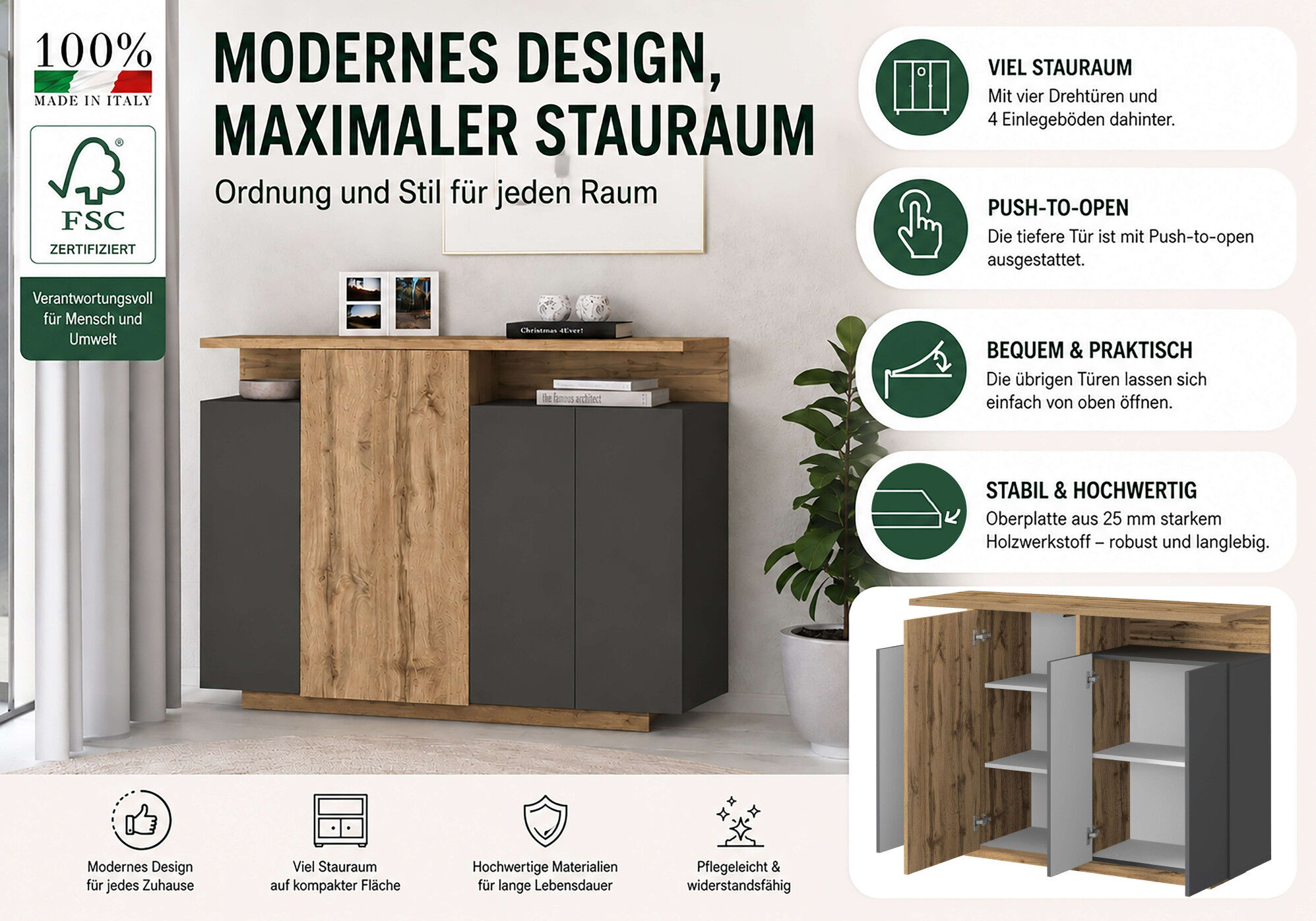 Highboard GOODPRODUCT "Highboard ETHOS, Kommode, Schrank, Kredenz", grau (eiche wotan, anthrazit matt), B:130cm H:100cm T:40cm, Sideboards, Highboard, Mit 4 Drehtüren, 9 Innenfächern und 2 Aussenfächern, B.130 cm eiche wotan, anthrazit matt B/H/T: 130cm x