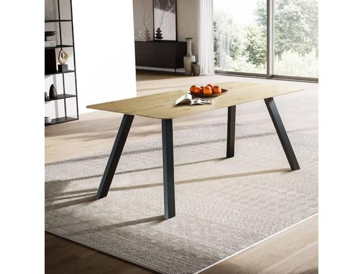 Lomadox Tisch Esstisch 160x90cm mit runder Kante, Wildeiche massiv geölt, Metallfußgestell