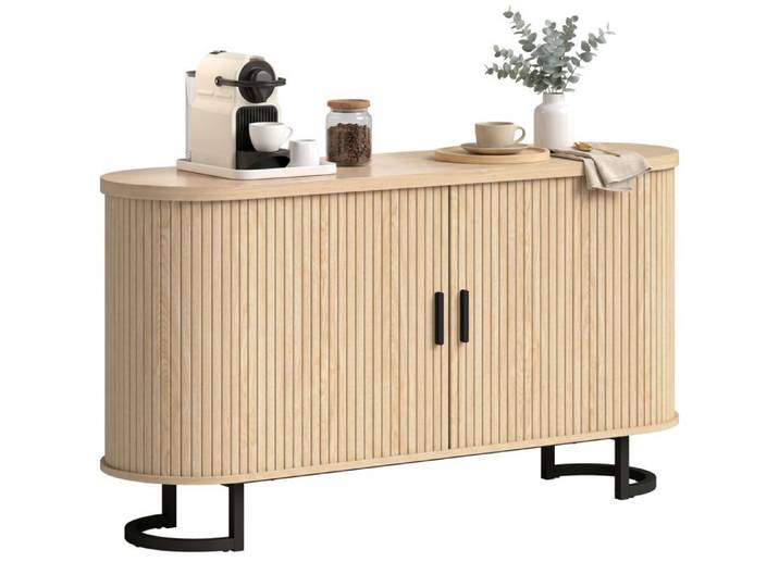 Buffet salon meuble de rangement ovale avec 2 portes coulissantes et étagères réglables 140x40x75cm bois naturel