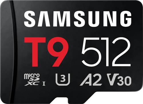 Samsung T9 microSDXC-Karte Retail 512GB UHS-I U3, A2 Application Performance Class, Class 10, v30 Video Speed Class