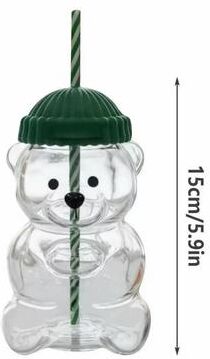 Combo Retail Shop Transparent Bear Shaped Coffee Mug, Cute Cartoon Bear Mug Glass Cup With Straw, Creative Milk Coffee Water Cup plastic Model green