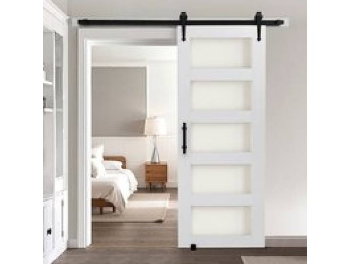 VEVOR Schiebetür im Scheunenstil Schiebetürsystem (762 x 2134 mm) aus hochfesten MDF-Platten & Milchglas, Scheunentor mit Hardware-Kit & wasserfester PVC-Oberfläche & H-Rahmen für Badezimmer