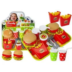 Fast-Food-Set mit Hamburgern, Pommes, Getränken und Tablett für Kinder