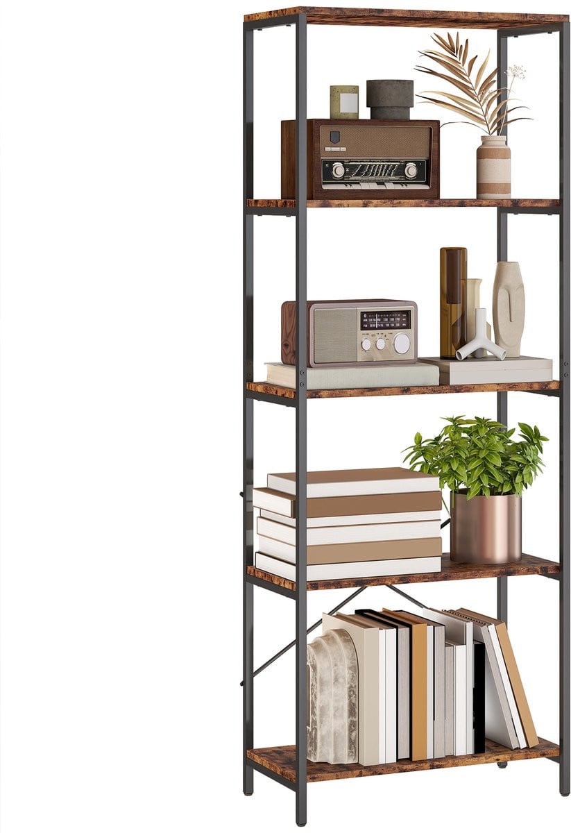 Bruine Boekenkast met 5 Planken en Metalen Frame