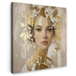 LEINWANDBILD Gesicht - Frau - Blätter - Gold Wandbild Wohnzimmer 50x50 cm
