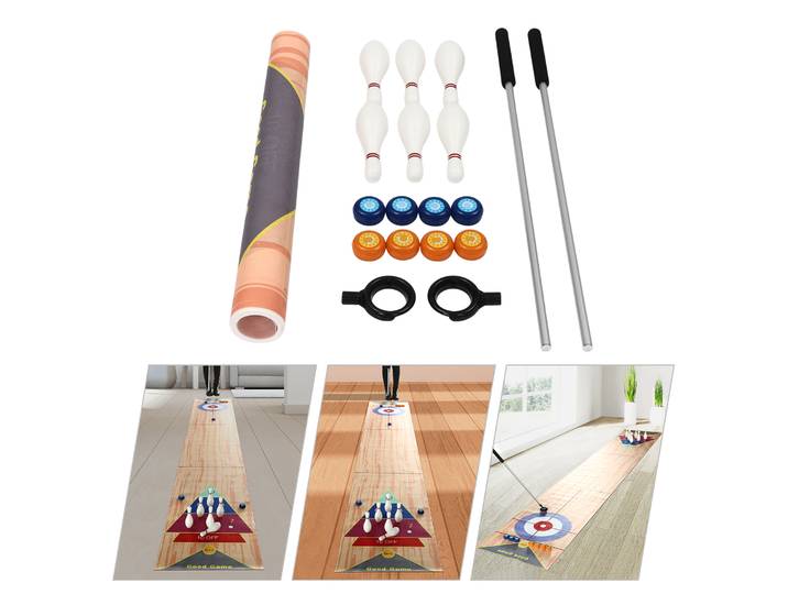 Table de jeux 3-en-1 Shuffleboard et Bowling 360x57cm, Table de Shuffleboard Portable avec Jeu de Cônes et Jeu de Curling, incluant 6 boules de bowling et 2 putters