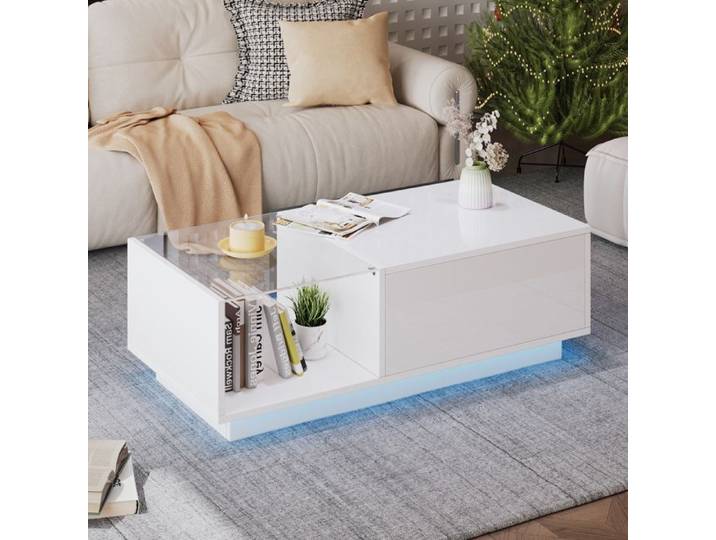 HOMVRA Table basse 100x50x33 cm avec LED plateau relevable rangement caché panneau de particules blanc