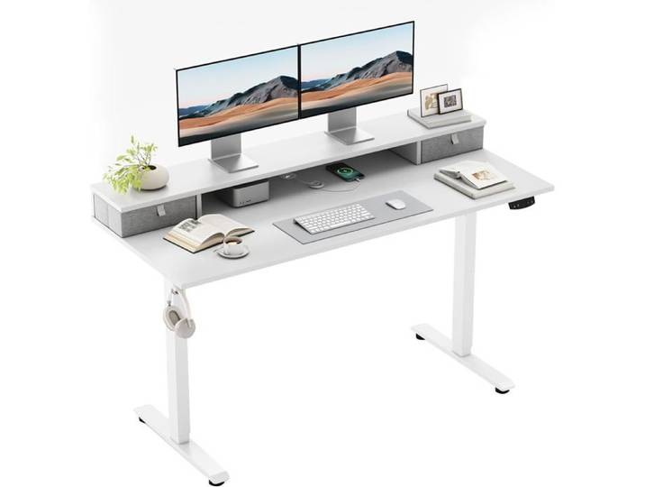 Bureau électrique réglable en Hauteur 120x60 cm avec 2 tiroirs Bureau assis-debout électrique 2 positions mémoire Blanc