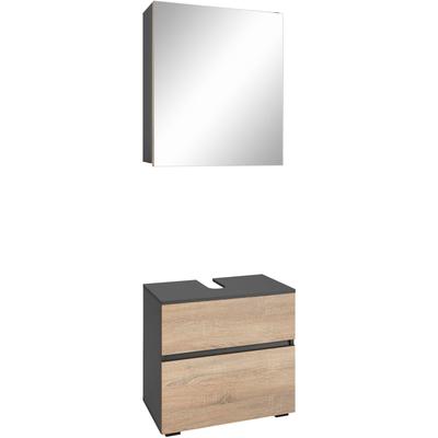 Badmöbel-Set HOME AFFAIRE "Wisla", grau (anthrazit, eichefarben sonoma), B:60cm H:125cm T:35cm, Holzwerkstoff, Kastenmöbel-Sets, Badmöbel-Set, Spiegelschrank, WBU mit Siphonausschnitt u. Push-to-open, Breite 60 cm