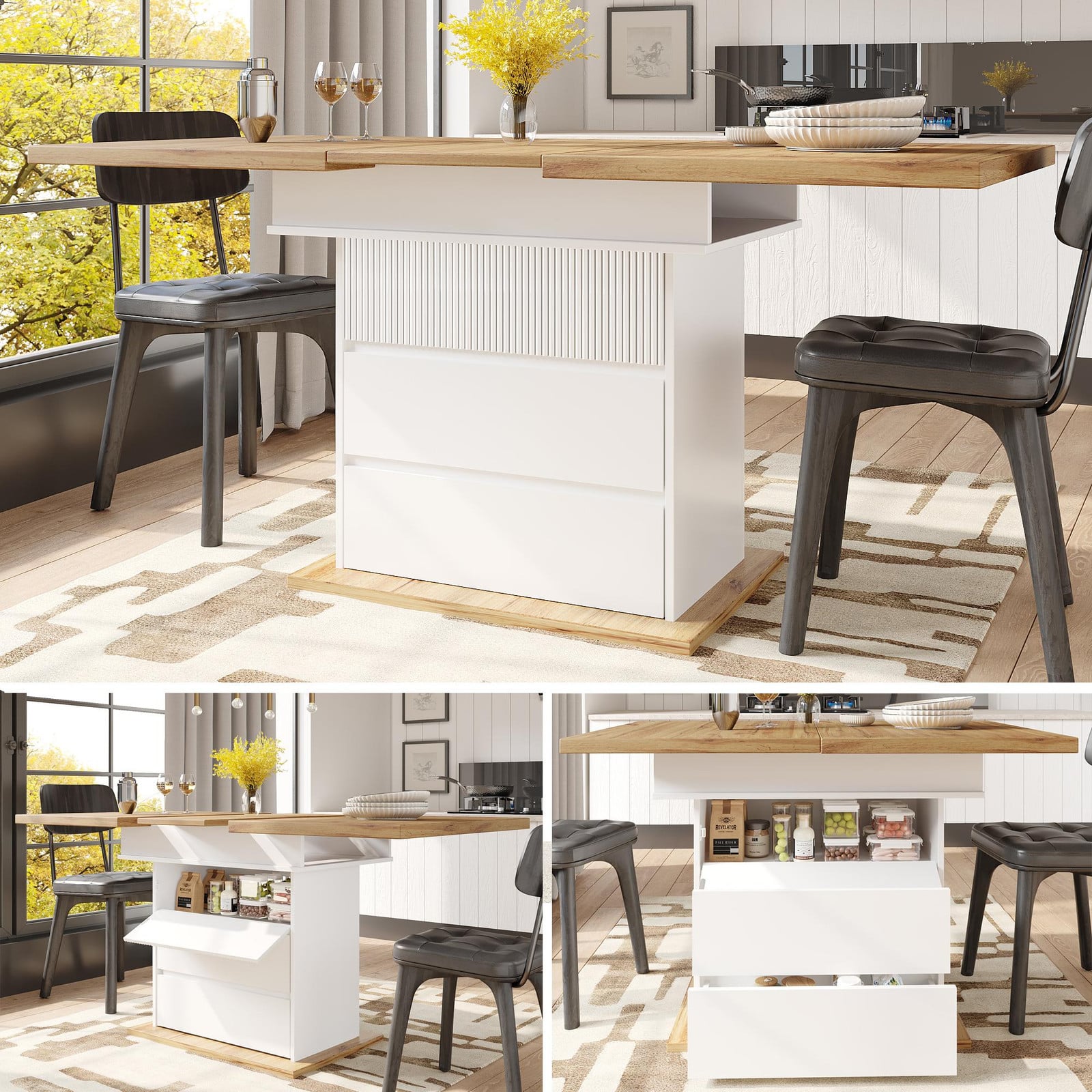OKWISH Opklapbare eettafel met wijnrek en lades, uitschuifbare keukenkast voor 4-6 personen, wit