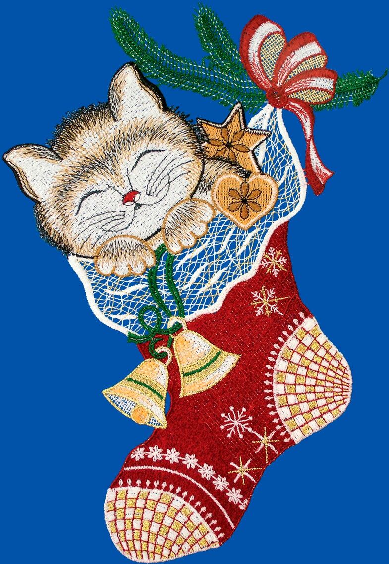 Fensterbild "Katze im Strumpf" Gr. 1, bunt (braun, grün, rot), B:21cm H:31cm, Polyester, W. REUTER & SOHN - PLAUENER SPITZE, Fensterbilder, Fensterbild, Made in Germany braun, grün, rot B/L: 21cm x 31cm