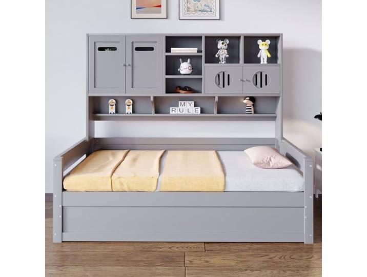 Canapé-lit en bois 90x200cm rangement multifonctionnel lit hydraulique lit simple lit jeunesse cadre de lit Gris sans Matelas