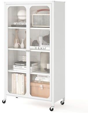 Costway 58 Inches Bookcase with Adjustable Shelves and Lockable Wheels-White