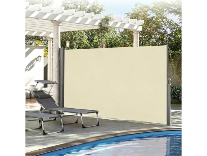 Einziehbare Seitenmarkise, Zusammenklappbarer Sichtschutz, Raumteiler Mit Sichtschutz, Sonnenschutz, Eisenrahmen, Dunkelgrau, Beige, Sonnenschutz for Garten, Hinterhof(Beige,1.8x3m/6x10ft)