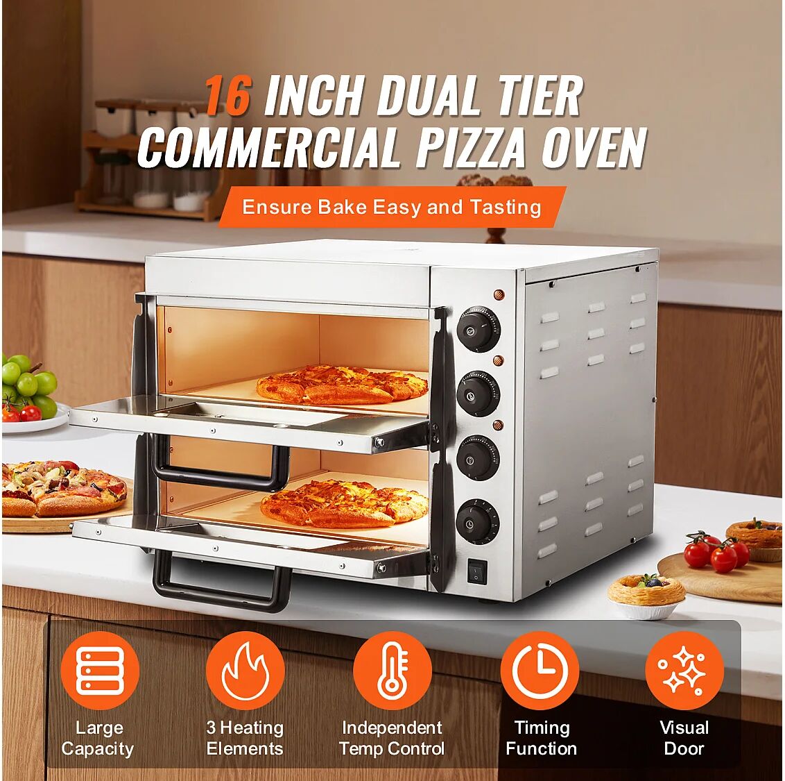 Horno de Pizza Eléctrico SucceBuy Commercial Avanzado de Mostrador – 40,6 cm Doble Nivel, Acero Inoxidable, Placer de Cocción Eléctrico
