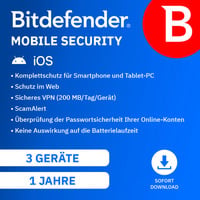 Mobile Security for iOS, Sicherheit, Utilities, Kommunikation-Software Deutsch, Chinesisch, Englisch, Französisch, Italienisch, Niederländisch, Polnisch, Schwedisch, Spanisch, Türkisch, Mehrsprachig, 3 Lizenzen, 1 Jahr ESD