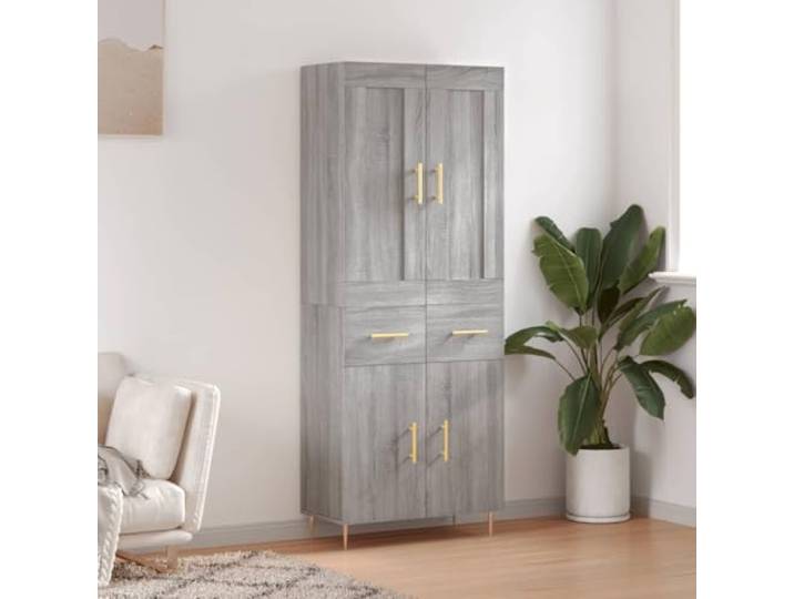 Stabiles Highboard für Wohnzimmer mit Stauraum in Grau Sonoma Optik aus Holzwerkstoff mit Eisenbeinen, modernes Highboard mit praktischen Türen, Elegantes mit Wandhalterung