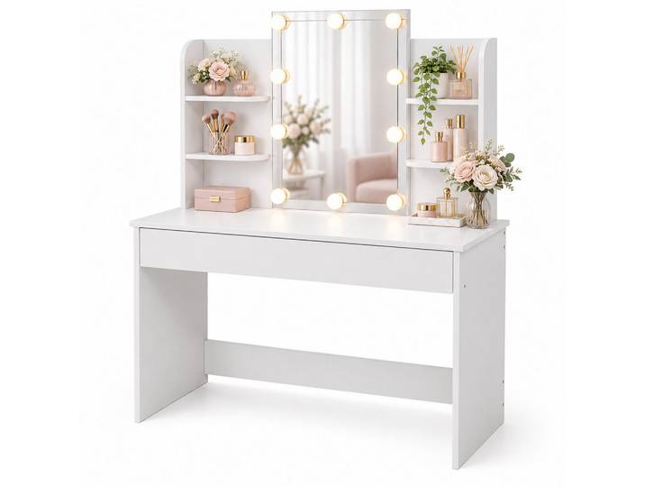 Relaxdays Schminktisch Weiß mit Spiegel 10 Led, Holzwerkstoff, Glas, 108x140x40 cm, Schlafzimmer, Schminktische