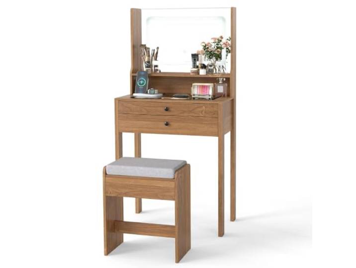 Schminktisch mit Spiegel und Lichtern, 64 x 40 x 132 cm, 3 Beleuchtungsmodi, integrierte Steckdosenleiste, modern, MDF, natur, 20_0017258