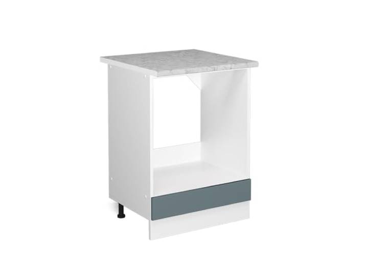 Vicco Herdumbauschrank R-Line, Blau-Grau, 60 cm Backofennische · Arbeitsplatte Marmor · Höhenverst. Füße · Metallgriffe · Einfache Integration