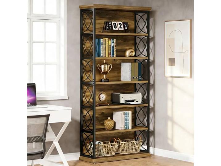 Bibliothèque 6 Niveaux 185 cm Étagère Industrielle Bibliotheque Livre Ouverte Rack de Rangement Haut (Marron & Noir)