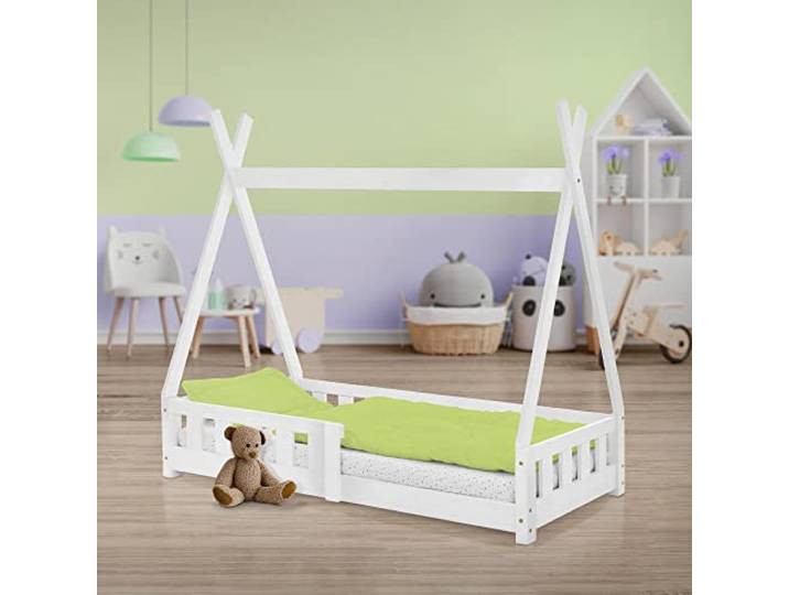 ML-Design Kinderbett Tipi 70x140 cm Weiß mit Rausfallschutz und Lattenrost, aus Kiefernholz, Indianer Bett für Mädchen & Jungen, Hausbett mit Zaun, Bodenbett Kinderhaus Jugendbett Spielbett Zelt