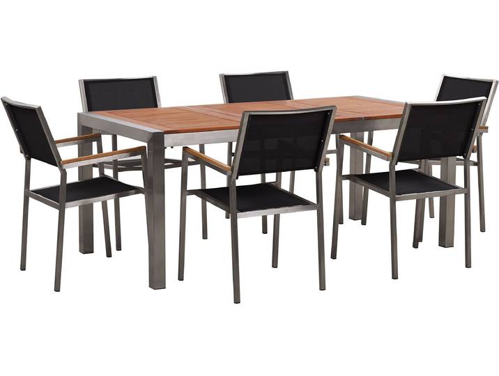 BELIANI Gartenmöbel Set Eukalyptusholz Edelstahl Tisch 180 cm 6 Stühle Schwarz Terrasse Outdoor Modern Garten Terrasse