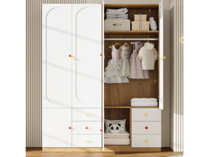 Armoire penderie enfant 80x50x200 cm portes à design arqué 3 tiroirs poignées en céramique colorée tringle à vêtements Lot de 2