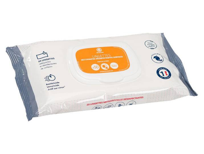 Lingettes nettoyantes désinfectantes surfaces Bruneau citron - Paquet de 50 - Désinfectants sans javel - Bruneau
