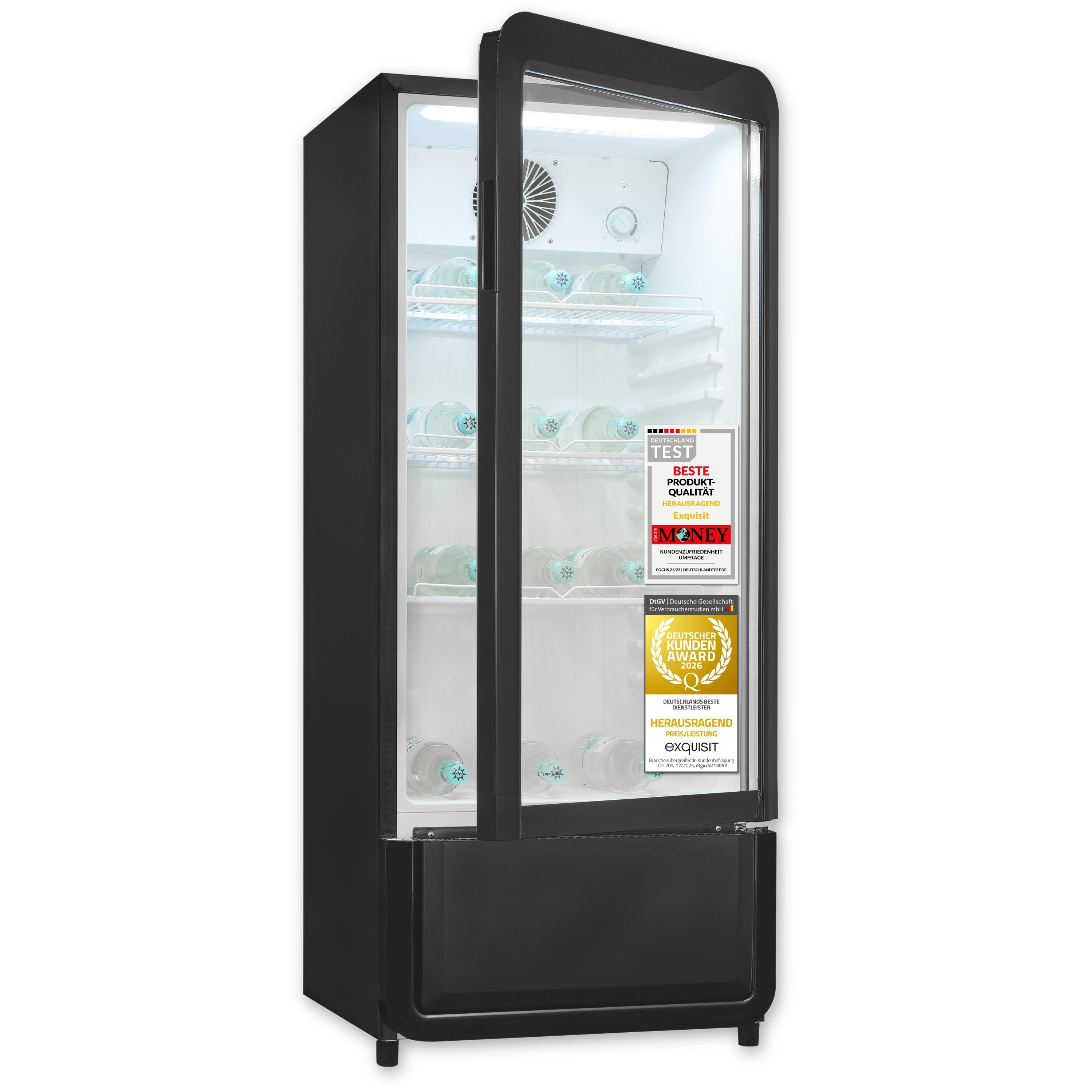 Exquisit Glastürkühlschrank, 200l Getränkekühlschrank mit LED, Umluft, 3 verstellbare Ablagen, CoolPro, GKS180-GT-431D weiss