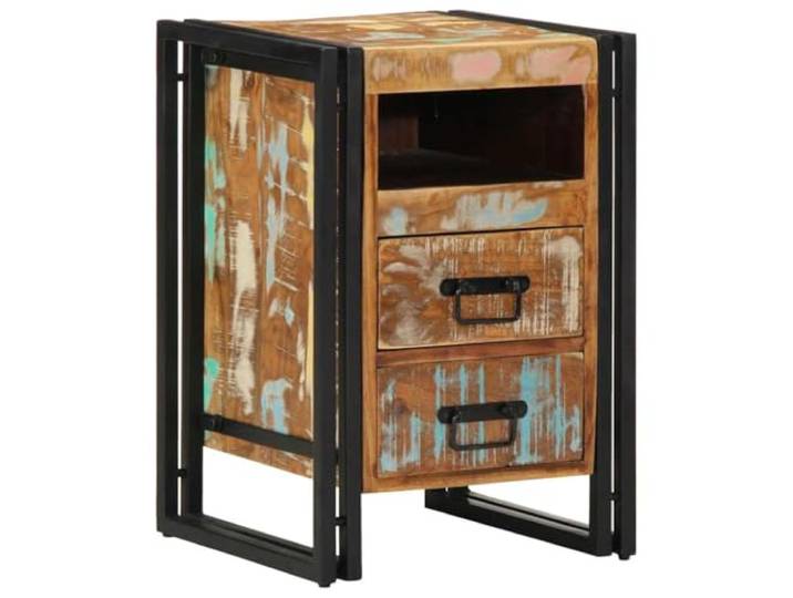 HEFZGDB Nachttisch aus Massivholz Altholz 40x40x59 cm mit Stauraum und Eisen-Gestell für Schlafzimmer Dieser robuste Nachttisch aus recyceltem Massivholz wie Teak und Kiefer bietet