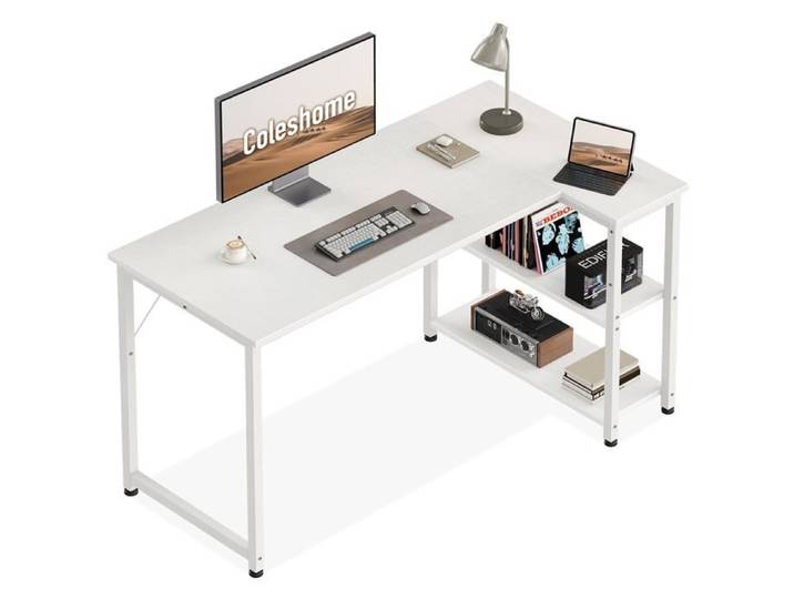 Bureau d'Angle Réversible avec Étagères - Bureau d'Ordinateur Moderne 120 cm en Blanc - Espace de Travail Compact et Fonctionnel