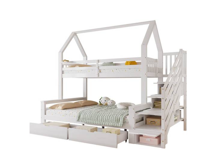 Okwish Etagenbett 90/200 cm und 140/200 cm Weiß mit Dachdesign und Stauraum, 90x200 cm, Babymöbel & Kindermöbel, Kinderzimmer & Jugendzimmer, Stockbetten