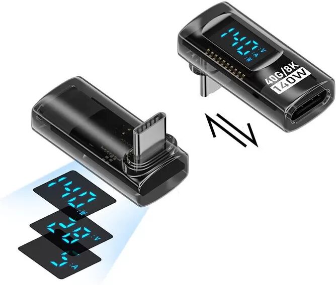 INF 2er-Pack 240W USB-C Buchse auf USB-C Stecker Adapter mit Digitalanzeige, Vertikal Gebogen, Transparent Schwarz
