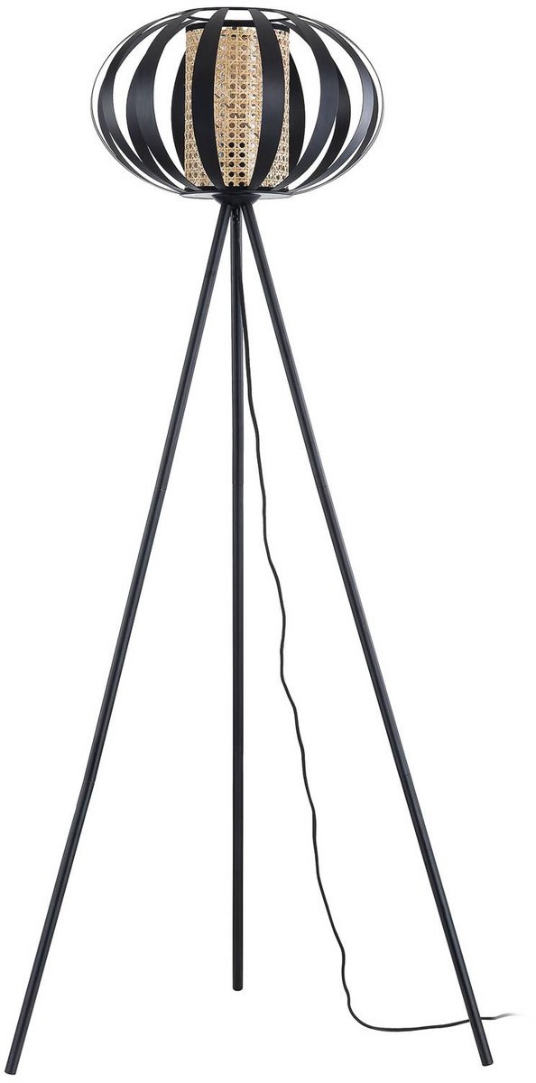 Lindby Tamira Tripod vloerlamp - Zwart en Licht Hout - Metaal en Rotan - Landelijke Staande Lamp voor Woon- of Eetkamer