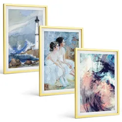 BILDER SET 3er Set - 40x60 cm Goldrahmen - Leuchtturm-Abstrakte Tänzerin