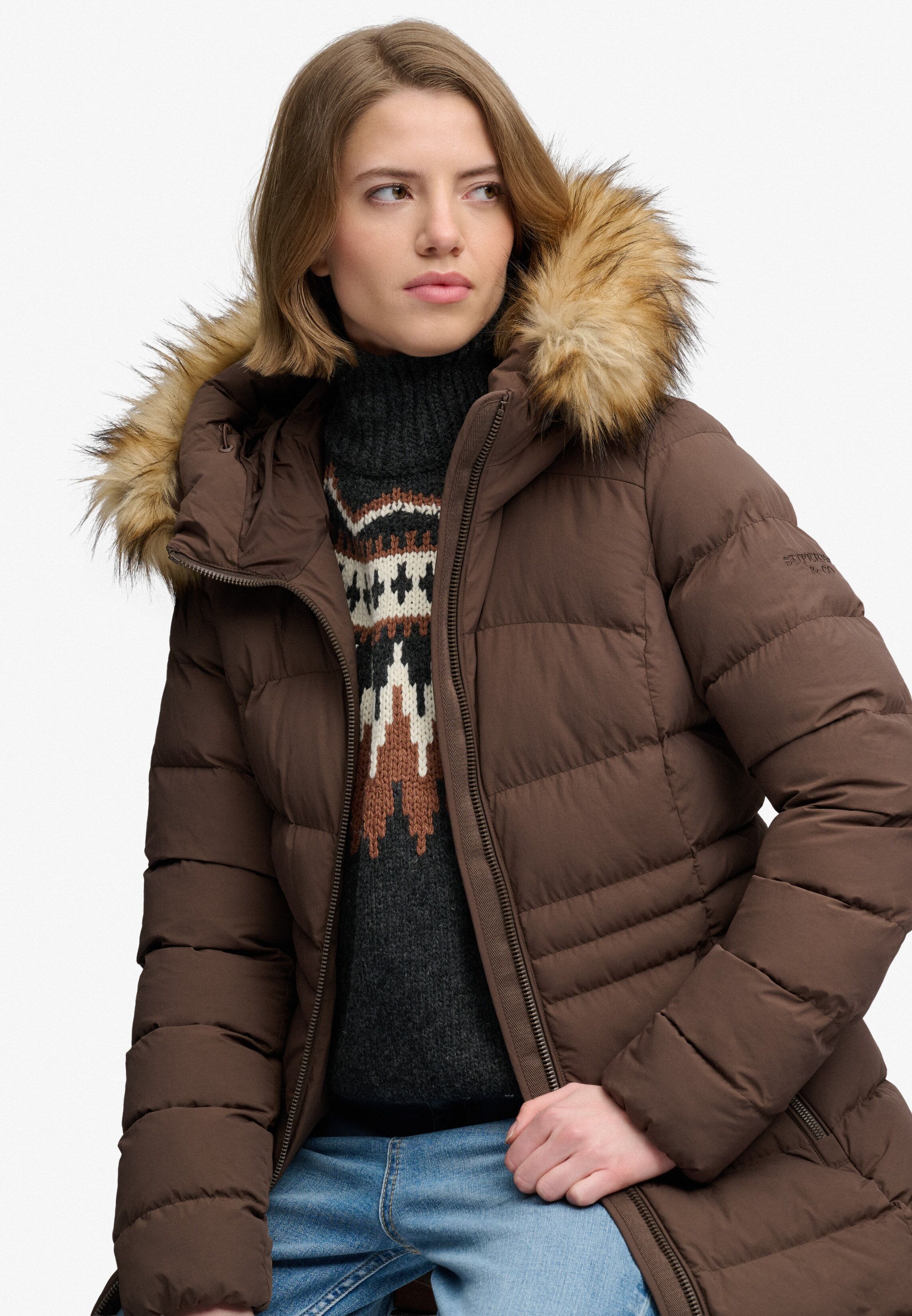 Steppjacke SUPERDRY "HOOD FAUX FUR FUJI MID LENGTH", Damen, Gr. XL, bracken braun, Steppware, Obermaterial: 100% Nylon, unifarben mit Farbeinsatz, slim fit Po-bedeckend, Jacken Steppjacke, Kunstfaser, slim fit bracken braun XL