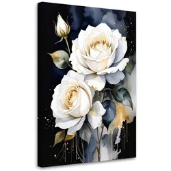 WANDBILD, Weiße Rosen Blumen auf schwarzem Hintergrund