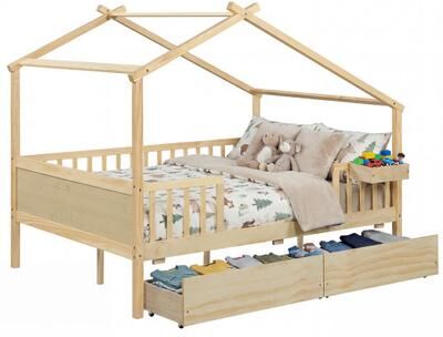 Costway Full Size House Bed with Roof and Fence Rails for Kid-Natural