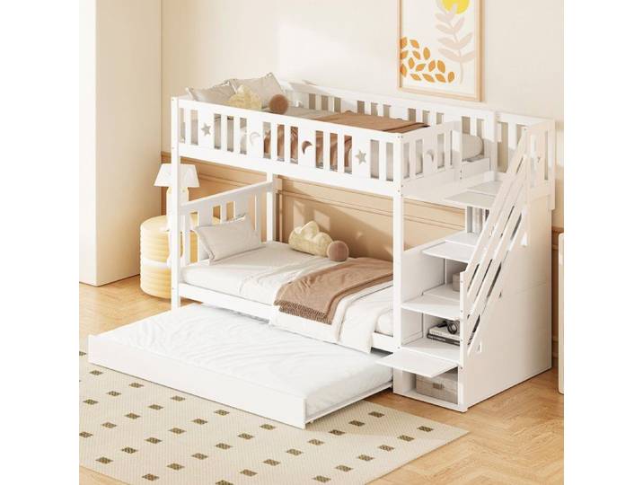 Lit superposé enfant 90x200 cm avec rangement et lit escamotable 90x190 cm blanc
