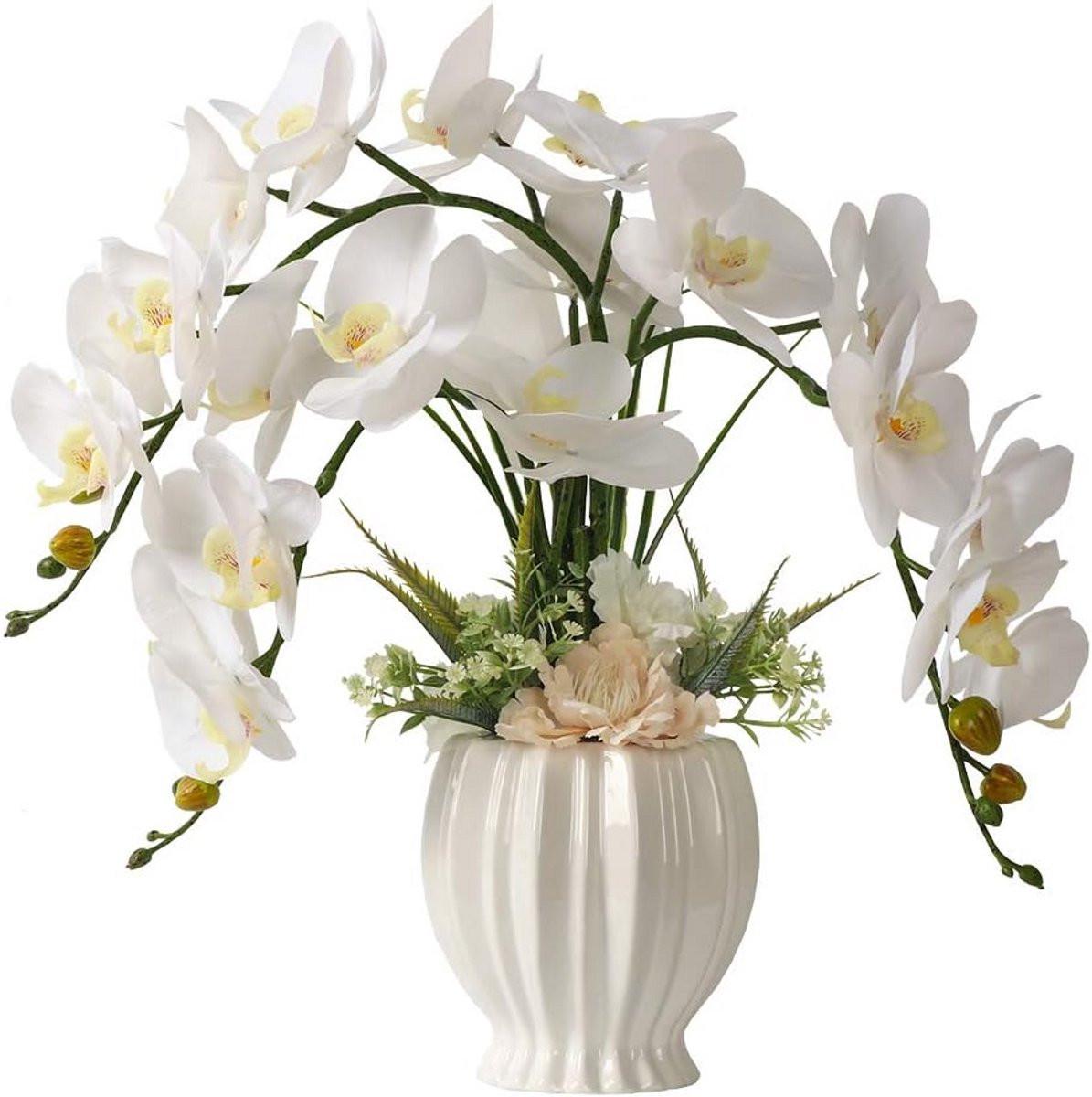Kunststof orchidee met witte bloemen en groene bladeren