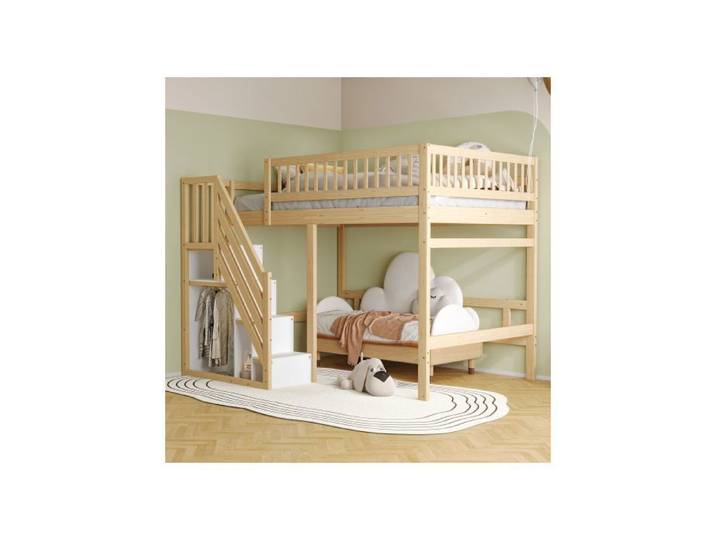 Lit mezzanine - SOGEU - Lit Mezzanine 140x200cm - Escalier rangement - Bois massif (pin) - Barrière sécurité