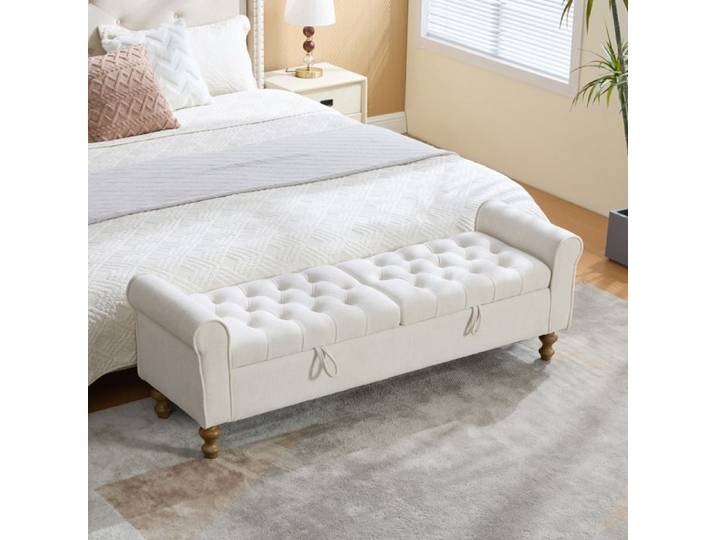 ROVRYN Banquette de rangement 2 couvercles accoudoirs roulés chenille pieds en bois massif beige