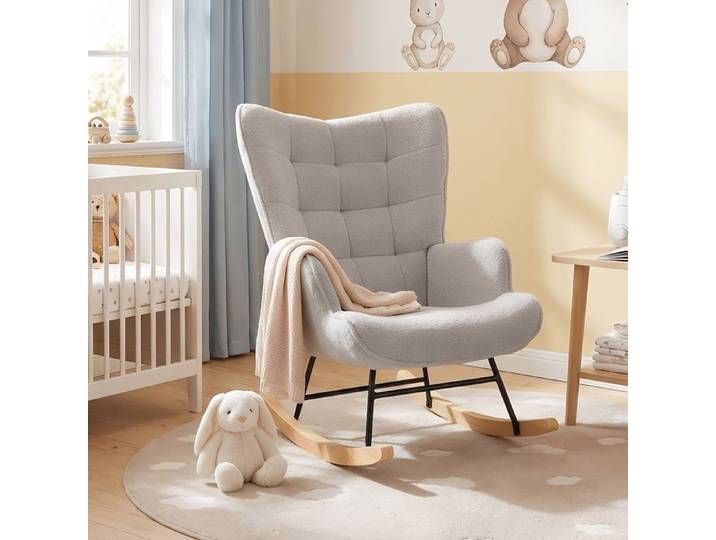 Fauteuil Rocking Chair Relax en Tissu Bouclé Gris - Dossier Ergonomique À Carreaux - Pieds en Bois de Hêtre - Style Scandinave