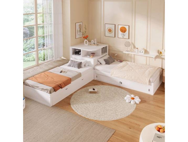 Lit 90x200 avec lit gigogne pratique et porte de rangement coulissante Lit plateforme en L avec veilleuse incluse Blanc