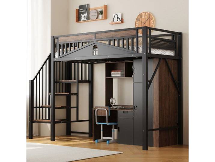 Lit mezzanine métallique 90x200 cm noir – barrière de sécurité avec fenêtre échelle – espace dessous le lit