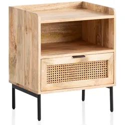 KADIMA DESIGN Nachtkonsole Mango Massivholz / Rattan 50x60x40 cm Nachttisch Braun, Nachtkommode Boxspringbett mit Schublade Wiener Geflecht, Nachtkästchen mit