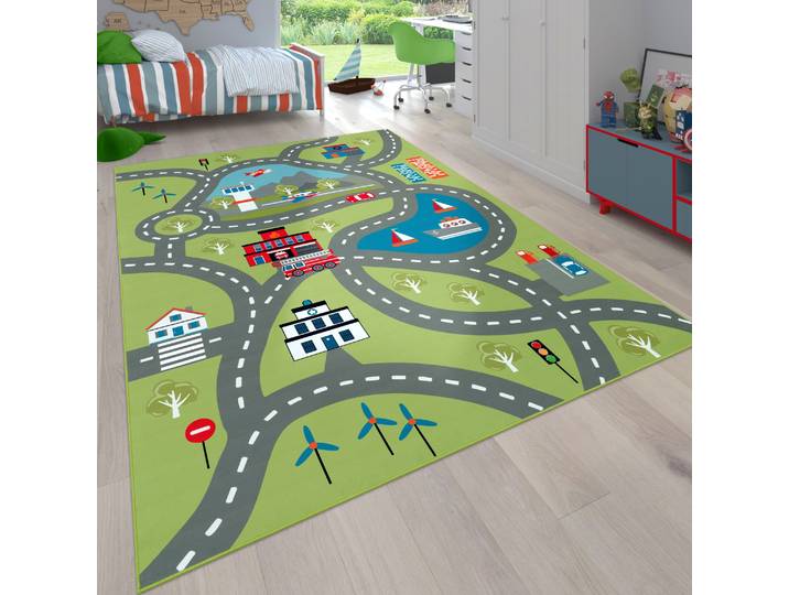 Kinderteppich PACO HOME Bino 562 , grün, B:140cm H:4mm L:200cm, Polyester, Teppiche, Kinderteppich, Kurzflor, Strassen-Spiel-Teppich, Motiv Flughafen, Kinderzimmer